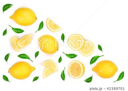 Lemon decorated with green leaves isolated on white background with copy space for your text. . Top Lemon decorated with green leaves isolated on white background with copy space for your text. . Top 42389701