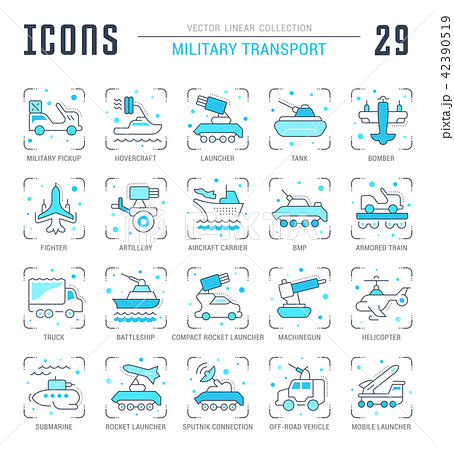 Set Blue Line Icons of Military Transport. 42390519