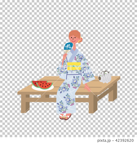 夕涼み　浴衣　女性　イラスト 42392620