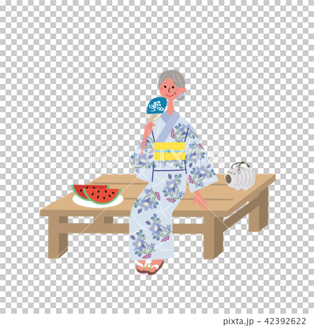 夕涼み　浴衣　シニア　女性　イラスト 42392622