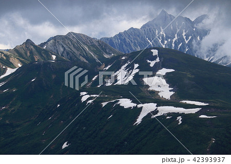 北アルプス薬師岳山頂からの山々　雲ノ平と槍ヶ岳 42393937