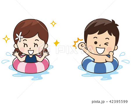 浮き輪で水遊びする子供のイラスト素材