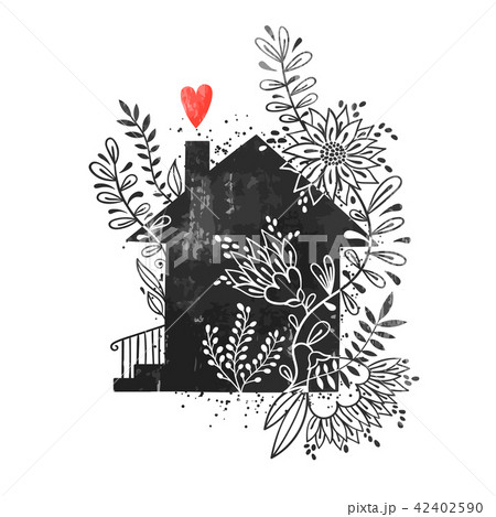 Hand drawn typography poster. Vector illustration with black house silhouette, floral elements and 42402590