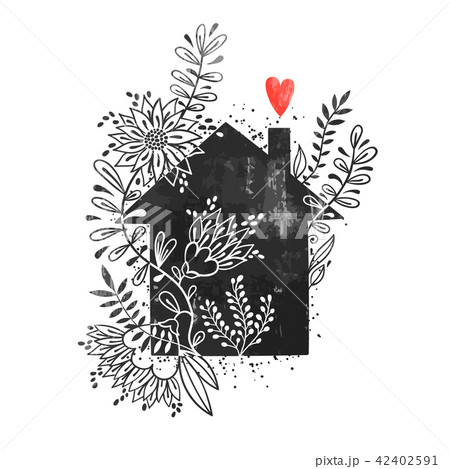 Hand drawn typography poster. Vector illustration with black house silhouette, floral elements and 42402591