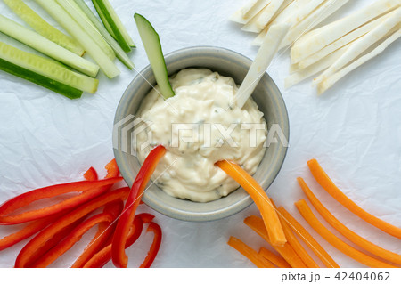 Healthy vegetables and dip snack. Healthy vegetables and dip snack. 42404062