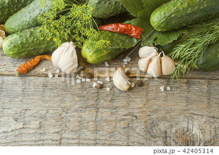 Pickled cucumbers, garlic and spices for pickling  42405314