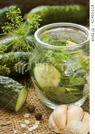 Pickled cucumbers, garlic and spices for pickling  42405318
