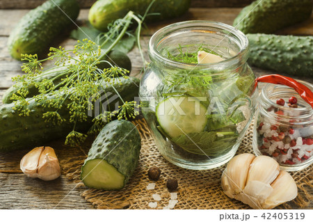 Pickled cucumbers, garlic and spices for pickling  42405319