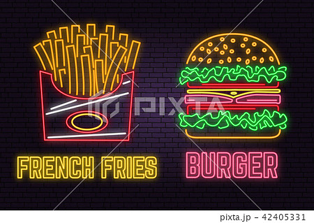 Retro neon burger and french fries sign on brick wall background. Design for cafe, restaurant. 42405331