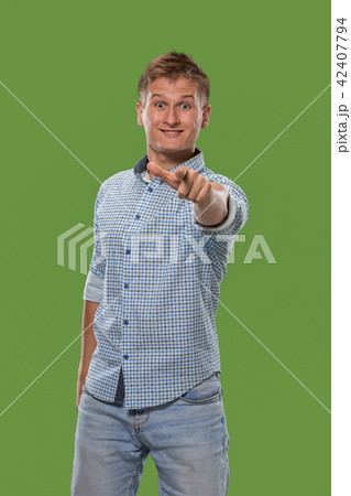 The happy business man point you and want you, half length closeup portrait on green background. The happy business man point you and want you, half length closeup portrait on green background. 42407794
