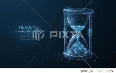 Sandglass. Low poly wireframe sandglass looks like constellation on dark blue background with dots 42411775