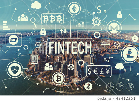 Cryptocurrency fintech theme with aerial view of NY skyline Cryptocurrency fintech theme with aerial view of NY skyline 42412251