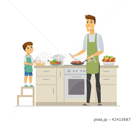 Father and son cooking - cartoon people characters illustration Father and son cooking - cartoon people characters illustration 42413687