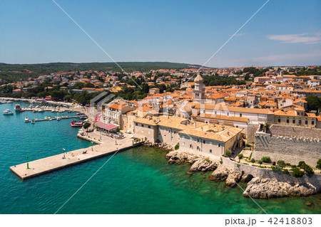 Aerial view of mediterranean coastal old town Krk, Island Krk, Croatia 42418803