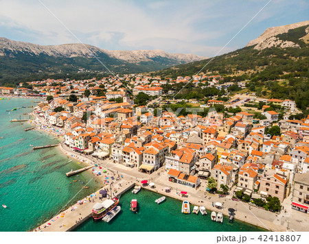 Aerial panoramic view of Baska town, popular touristic destination on island Krk, Croatia, Europe 42418807
