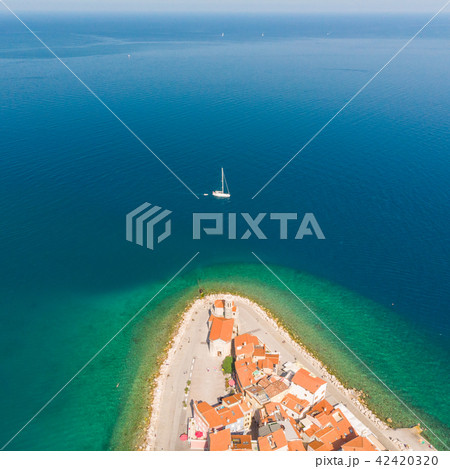 Aerial view of old town Piran, Slovenia, Europe. Summer vacations tourism concept background. 42420320