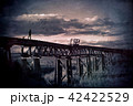 Man and dog walk across abandoned railway bridge 42422529