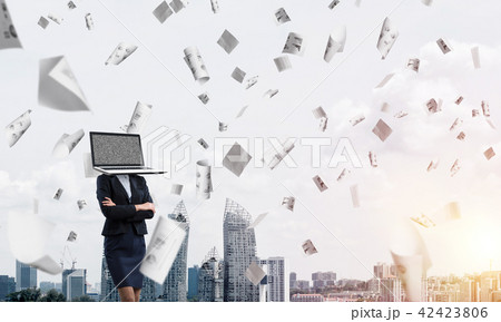 Business woman with laptop instead of head. 42423806
