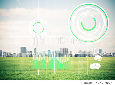 Natural background with modern cityscape green field and media interface Natural background with modern cityscape green field and media interface 42427657