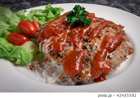 Hamburger meat with rice and salad 42435592