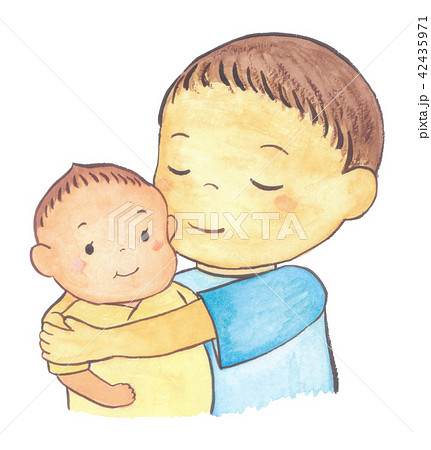 赤ちゃんを抱っこするお兄ちゃんのイラスト素材