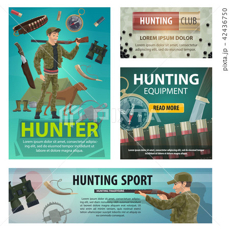Hunting sport cards of hunter, rifle and equipment 42436750