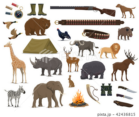 Hunting sport weapon, wild animals and bird icons 42436815