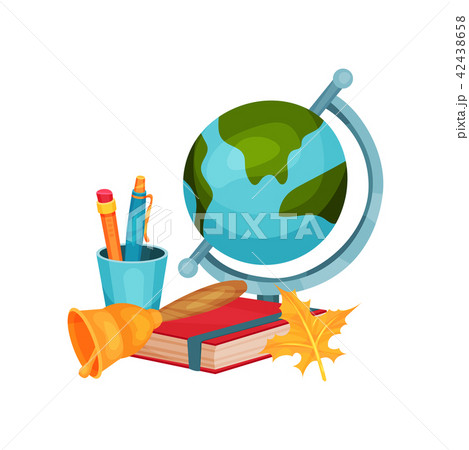 Back to school vector elements. Earth globe, cup with pen and pencil, red book, golden bell and Back to school vector elements. Earth globe, cup with pen and pencil, red book, golden bell and 42438658