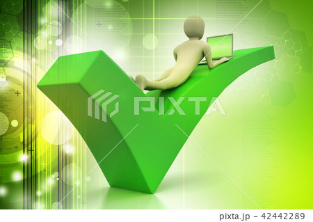 3d man with laptop lying on the right mark 42442289