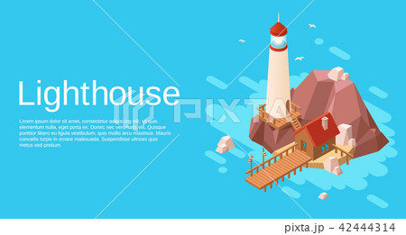 isometric lighthouse with pier cliff island 42444314