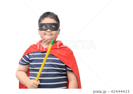 Fat child plays superhero isolated on white 42444415