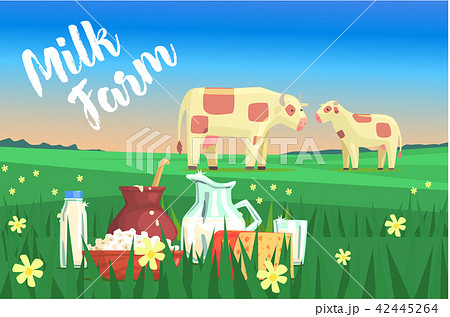 Landscape With Two Cows And Milk Products On The Foreground 42445264