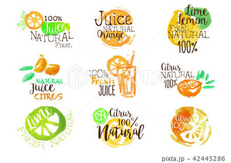 Natural Citrus Juice Promo Signs Colorful Set 42445286