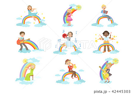 Kids Playing Music Instruments With Rainbow And Clouds Decoration 42445303