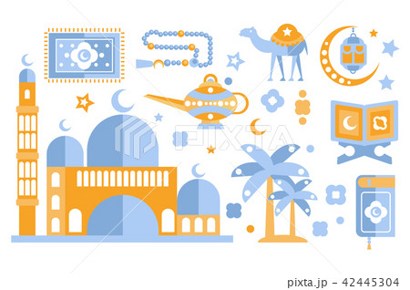 Islamic culture color icons set. Muslim attributes. Religion symbolism. Isolated vector 42445304