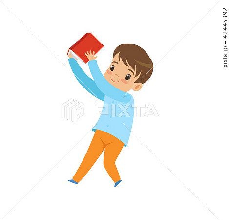 Cute liitle boy with book, kid playing and learning vector Illustration on a white background 42445392