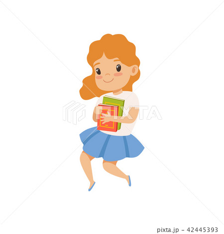 Sweet little girl jumping with book, cute kid playing and learning vector Illustration on a white 42445393
