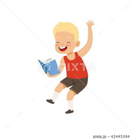 Happy smiling little boy having fun with book, cute kid playing and learning vector Illustration on 42445394