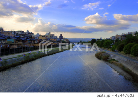 夕暮れ時の鴨川と川床の風景（京都市　四条大橋より） 42447602