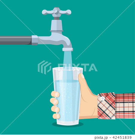 Pour water into the glass from the tap. - Stock Illustration