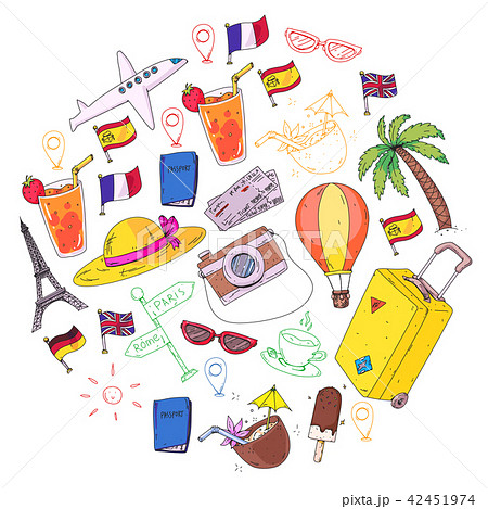 Vector pattern with travel icons. Get ready for adventures and travel. Great vacation, holidays. Hot 42451974