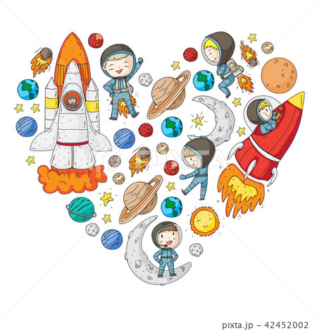Space for children. Kids and cosmos exploration. Adventures, planets, stars. Earth and Moon. Rocket 42452002