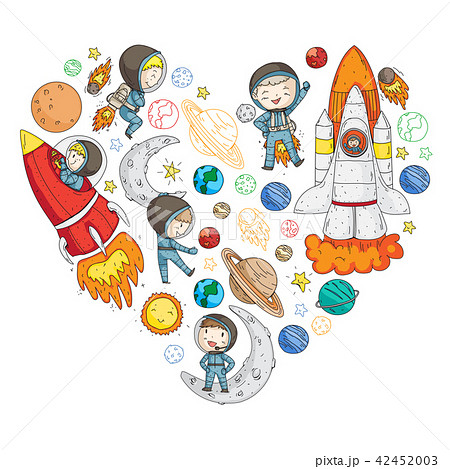 Space for children. Kids and cosmos exploration. Adventures, planets, stars. Earth and Moon. Rocket 42452003