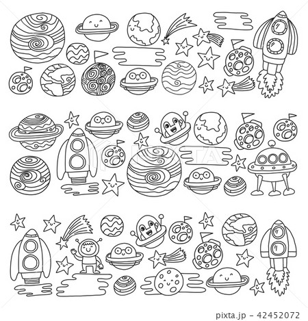 Vector doodle pattern with space icons. Children, kindergarten illustration. Kids drawing style Vector doodle pattern with space icons. Children, kindergarten illustration. Kids drawing style 42452072