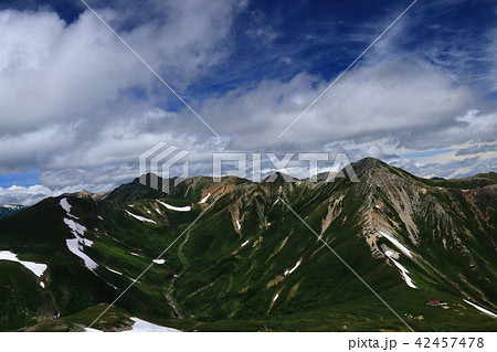 北アルプス三俣蓮華岳山頂からの景色　黒部源流　水晶岳、鷲羽岳　雲ノ平祖父岳 42457478