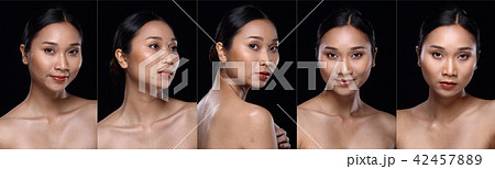 Collage Group of Beautiful tanned Clean Skin Woman wrapped black hair with nice pose open shoulder smile, studio lighting Black background copy space, Asian Girls with fashion eye face love heart Collage Group of Beautiful tanned Clean Skin Woman wrapped black hair with nice pose open shoulder smile, studio lighting Black background copy space, Asian Girls with fashion eye face love heart 42457889