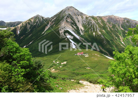北アルプス三俣蓮華岳山頂からの景色　黒部源流　水晶岳、鷲羽岳　雲ノ平祖父岳 42457957