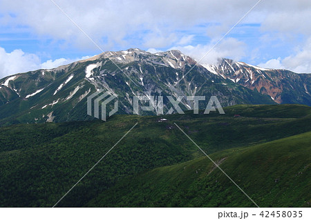 北アルプス三俣蓮華岳山頂からの景色　雲ノ平を取り巻く山々　薬師岳 42458035