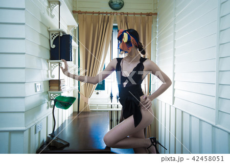 Beautiful Tanned skin Asian black hair slim woman in black lace underwear fashion make up, Post play strong in Antique Retro Room, copy space for text logo Beautiful Tanned skin Asian black hair slim woman in black lace underwear fashion make up, Post play strong in Antique Retro Room, copy space for text logo 42458051