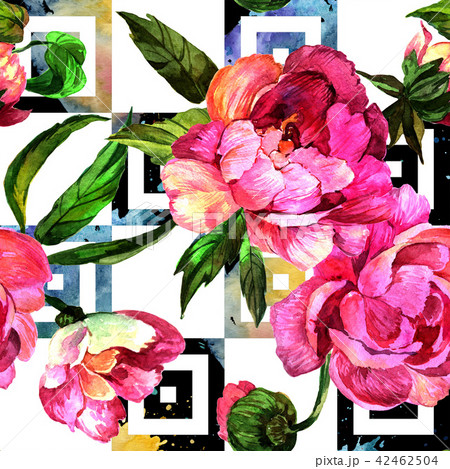 Watercolor pink peony flower. Floral botanical flower. Seamless background pattern. Watercolor pink peony flower. Floral botanical flower. Seamless background pattern. 42462504